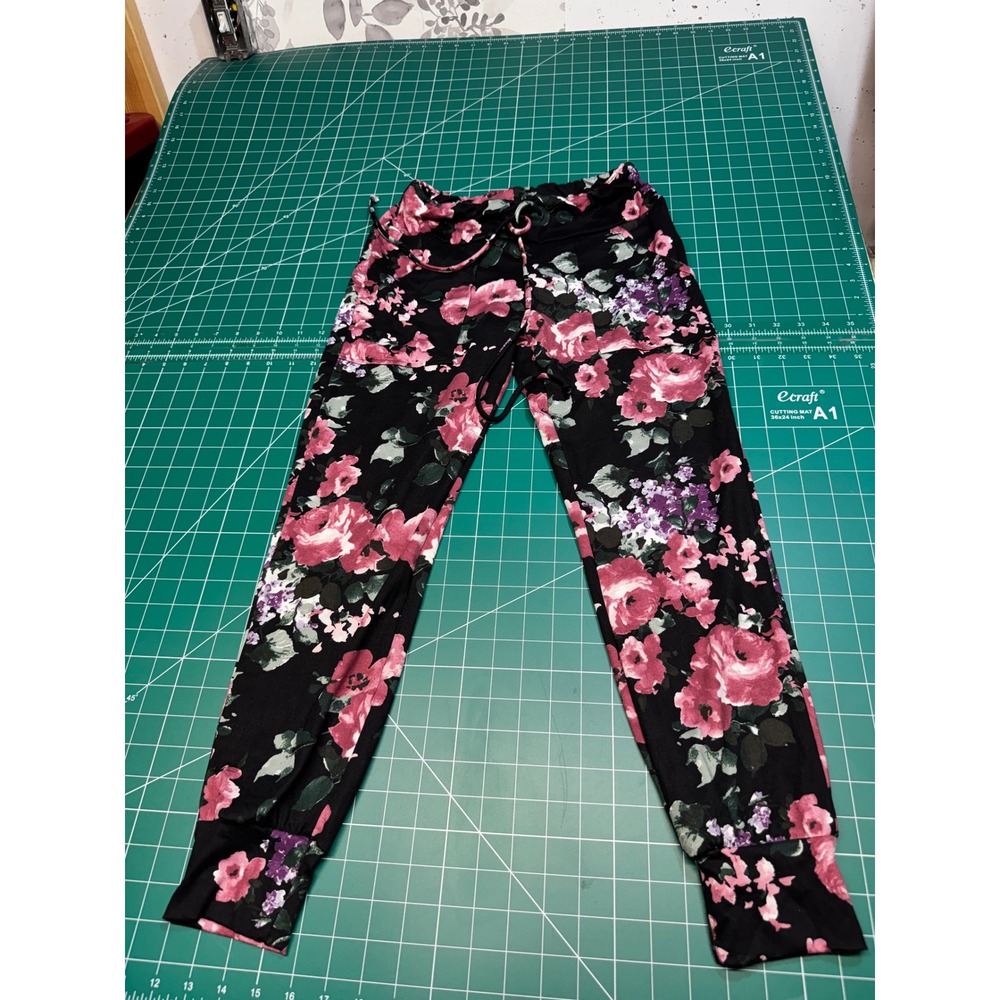 Grace & Lace Floral Jogger Pants Black Pink Rose Print Drawstring Pockets XS NEW